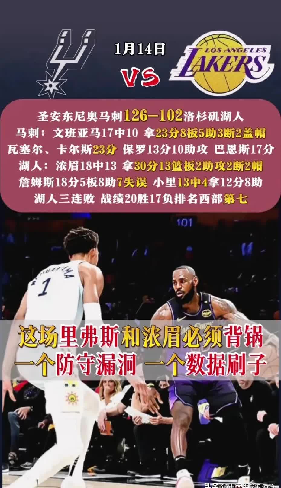 关于湖人惊险逆转马刺，取得三连胜的信息